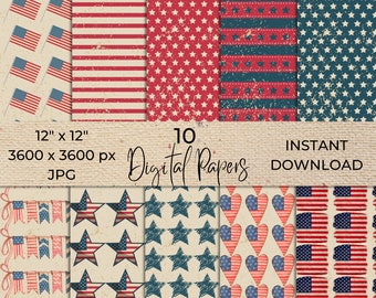 American Digital Paper Pack, Vintage American Red & White Blue, Independence Memorial Day Stars and Stripes Scrapbook Backgrounds