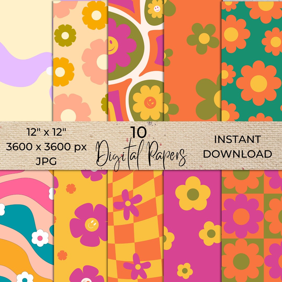Retro Digital Paper Pack, Floral Pattern Summer Digital