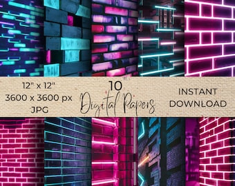 Neon Brick Wall Texture digital scrapbook paper, Digital Backdrops brick wall, digital photography background paper old brick wall texture