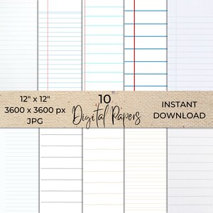 Papel para cuaderno de rayas anchas para descargar en formato digital, papel escolar con rayas en formato JPG para descargar al instante, papel imprimible en formato PDF
