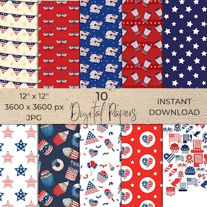 Amerikanische Flagge Digital Paper Pack, Unabhängigkeitstag, Vaterländische Papiere, Stars und Stripes, 4.Juli Paper Pack