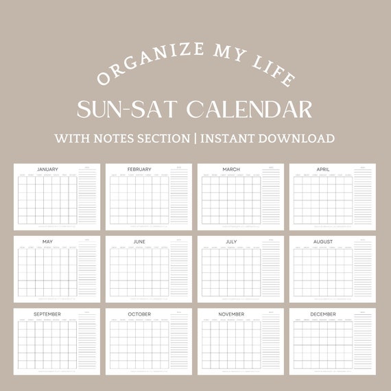 Undated Monthly Calendar With Notes sunday to Saturday Weekly Layout,  Digital Calendar Download, Minimalist Calendar, Printable Calendar - Etsy