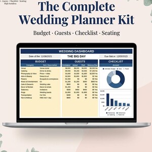 Peut inclure: Un écran d'ordinateur portable affichant le tableau de bord The Complete Wedding Planner Kit avec des sections pour le budget, les invités et une liste de contrôle. L'interface inclut des tableaux de suivi financier, un graphique et un diagramme.