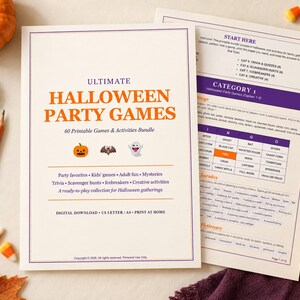 Peut inclure: Un ensemble de jeux de fête d'Halloween imprimables comprenant une page de titre avec le texte orange ULTIMATE HALLOWEEN PARTY GAMES et une seconde page montrant un bingo et des mimes. Les documents incluent des icônes de citrouille, chauve-souris et fantôme.