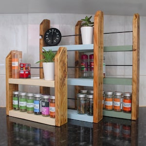 Handmade rustic wooden spice herb rack. Painted shelves. Kitchen jar organiser. Small shelves