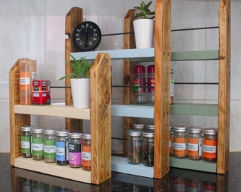 Handmade rustic wooden spice herb rack. Painted shelves. Kitchen jar organiser. Small shelves