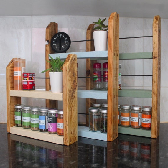 Handmade rustic wooden spice herb rack. Painted shelves. Kitchen jar organiser. Small shelves