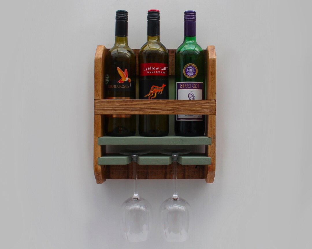 Wine Rack 3l Wine Rack - Rustic Wall Mounted 3 Bottle 2 Glasses Wine Rack - Etsy UK