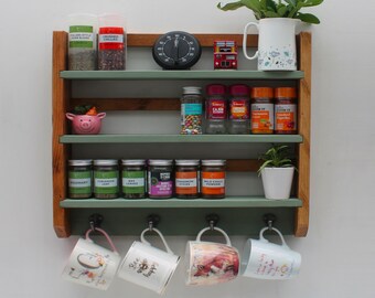 Herb and spice rack. With hooks. Made with recycle wood. Painted coloured shelves