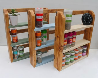 Spice rack. Rustic handmade from reclaimed wood. Storage solution and choice of shelf colours.