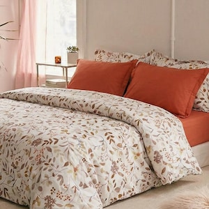 テラコッタ ボタニカル デュベカバーセット、秋の葉柄寝具、ラスティオレンジ ボヘミアン 掛け布団カバー、アーストーン 100% コットン キルトカバー