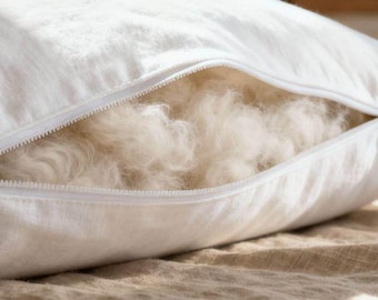 May include: A white pillow with a partially open zipper, revealing the fluffy filling. The pillow is on a bed with a neutral-toned bedspread. The scene is lit by natural light, suggesting a bedroom setting.