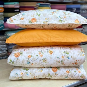 Vibrant Orange and White Pillowcase Bedding Set - 4 Pillowcases, 2 Shams, 1 Duvet Cover, 1 Fitted Sheet, 1 Cotton Duvet Comforter