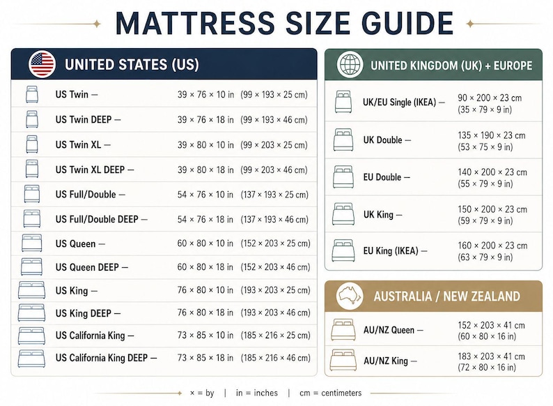 Puede incluir: Una tabla de gu&iacute;a de tama&ntilde;os de colchones titulada MATTRESS SIZE GUIDE, que muestra dimensiones en pulgadas y cent&iacute;metros para EE. UU., Reino Unido, Europa, Australia y Nueva Zelanda, enumerando varios tama&ntilde;os de cama como Twin, Full, Queen y King.