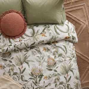 King Protea Duvet Cover Set, Exotic Botanical Bedding, Olive Green Tropical Floral Comforter Cover, Boho 100% Cotton Quilt Cover
