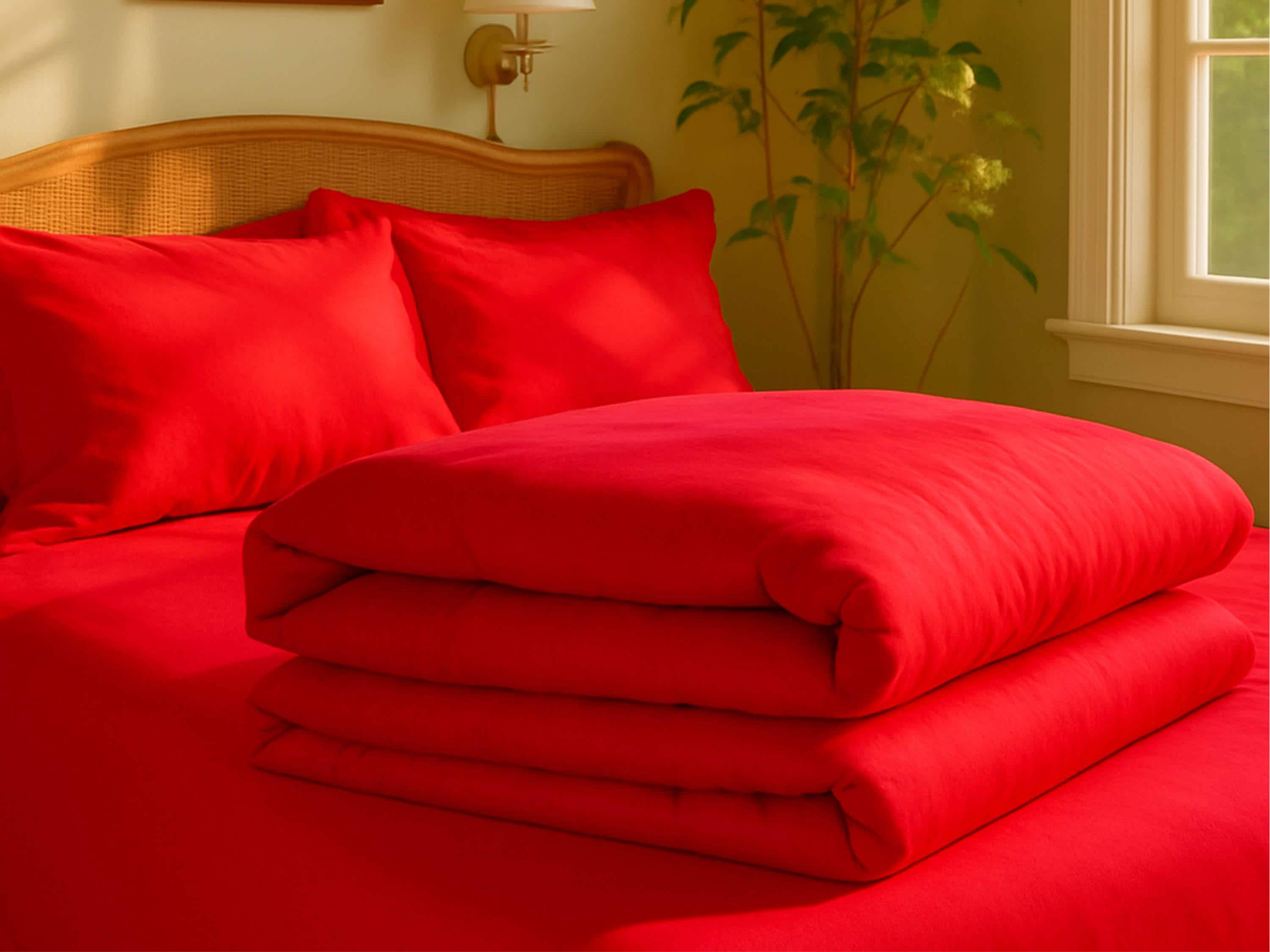 レッドコットン羽毛布団カバーセット – 100%コットン寝具、ファスナー