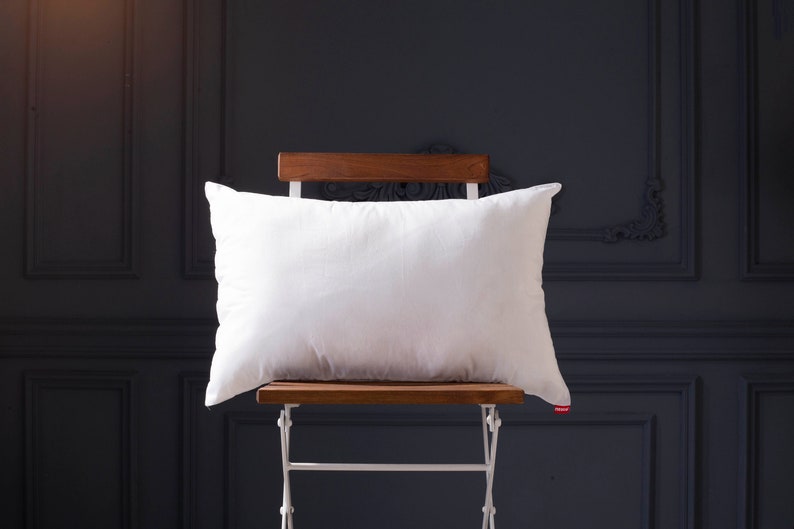 May include: A white pillow sits on a wooden chair with a white metal frame against a dark blue wall.