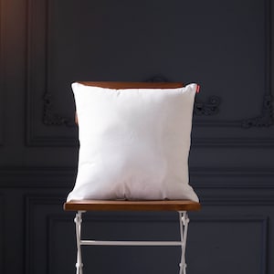May include: A white pillow sits on a wooden chair with a white metal frame against a dark blue wall with decorative molding.