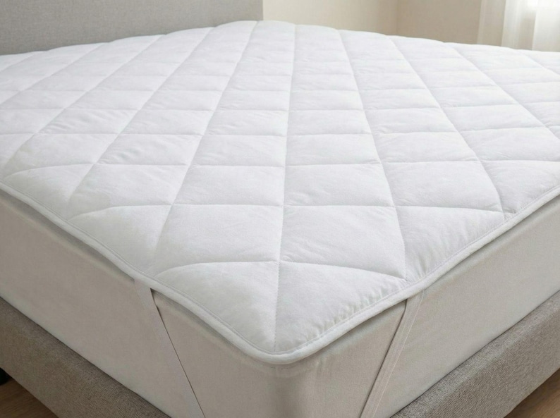 Puede incluir: Un protector de colch&oacute;n blanco con un patr&oacute;n acolchado en forma de diamante en toda la superficie. El protector est&aacute; colocado sobre un colch&oacute;n con correas el&aacute;sticas en las esquinas visibles en el lateral, proporcionando una capa acolchada.