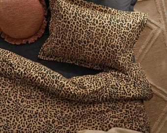 Leopard Print Cotton Duvet Cover Set, Animal Print Bedding, Mustard Yellow Duvet with Zipper, Queen King Twin Double Custom Bedding