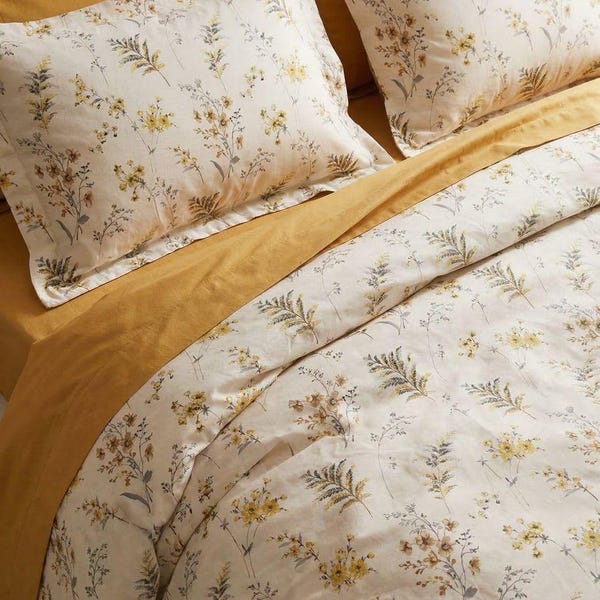 Set copripiumino in cotone giallo con motivi botanici, biancheria da letto con fiori selvatici, copripiumino floreale color senape con cerniera, matrimoniale, king size, singolo, matrimoniale