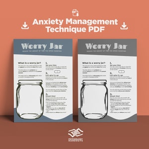 May include: Two printable worksheets with the title "Worry Jar" in black text on a gray background. The worksheets provide instructions on how to use a worry jar to manage anxiety. The worksheets feature a black and white illustration of a glass jar.