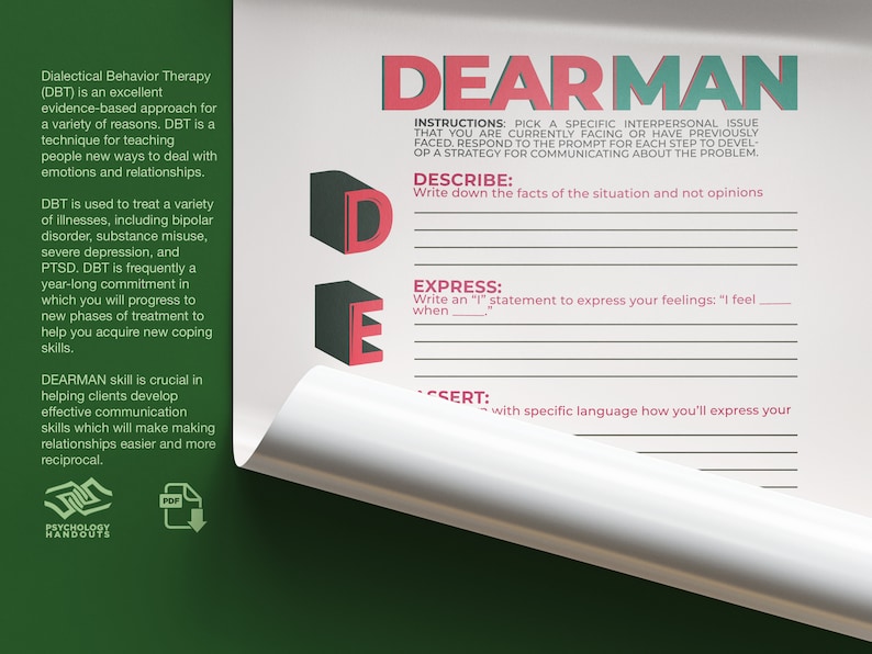 DEAR MAN Handout and Worksheet DBT Effective Communication & Interpersonal Skills Printables