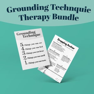 May include: Two printable worksheets for grounding techniques. The first worksheet is titled "Grounding Technique" and lists five things to focus on: see, feel, hear, smell, and taste. The second worksheet is titled "Dropping Anchor" and includes a list of steps to help manage emotional distress.