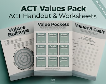 Values ACT Pack | Acceptance and Commitment Therapy Worksheets Bundle, Values-Goals Values Bullseye, Therapy PDF Printable's