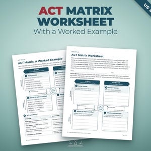 May include: Two white ACT Matrix worksheets with dark blue text and headers. One sheet is a blank template, and the other is a worked example. The documents feature four quadrants labelled Away, Toward, Outside, and Inside, with a central you are here circle.