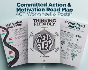 Acceptance and Commitment Therapy Worksheets Bundle, Committed Action, Values-Motivation Highway Act Hexaflex, Therapy PDF Printable's