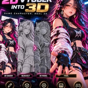 May include: A digital graphic showing the conversion of a 2D anime-style character into a 3D model. The text reads TURN YOUR 2D VTUBER INTO 3D, SAME CHARACTER. REAL 3D. It displays stages labeled 2D DESIGN, BLOCKOUT, 3D MODEL, and FINAL with icons below.