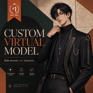 May include: A digital illustration of a character with dark hair wearing a black blazer over a black turtleneck, adorned with layered silver necklaces and a chain accessory on the shoulder. Text reads: #1 BEST PICK CUSTOM VIRTUAL MODEL Built around your character. 100% ORIGINAL DESIGN TAILORED TO YOU PREMIUM QUALITY YOUR CHARACTER. BROUGHT TO LIFE.
