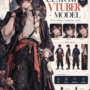 May include: A digital character sheet for a custom VTuber model featuring a dark-haired figure in a black and red outfit. The layout includes text, facial expression variations, a full-body preview, and a list of deliverable file formats like PSD and MOC3.