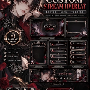 Könnte beinhalten: Ein benutzerdefiniertes Stream-Overlay-Paket für Twitch, Kick und YouTube mit dunkler Ästhetik, roten Rosen und einer Charakterillustration. Enthält einen Startbildschirm, Webcam-Rahmen, Chat-Panel, Benachrichtigungselemente und Banner.