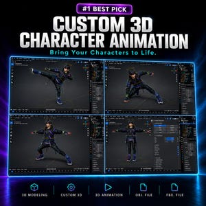 May include: A digital display showing custom 3D character animation software with four distinct views of a dark-haired character in a black jacket and trousers. Text reads #1 BEST PICK CUSTOM 3D CHARACTER ANIMATION Bring Your Characters to Life.