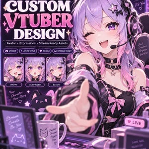 Könnte beinhalten: Eine digitale Illustration eines individuellen VTuber-Designs mit einer Figur mit lila-rosa Haaren, Katzenohr-Kopfhörern und schwarzem Outfit. Die Grafik enthält Text, Ausdrucksvorschauen, eine Tasse mit Katzenmotiv und ein violettes Farbschema.