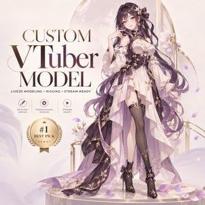 Può includere: Un'illustrazione digitale di un personaggio che indossa un abito fluido bianco e viola con accenti floreali dorati, calze nere e tacchi alti. Il testo recita CUSTOM VTUBER MODEL, LIVE2D MODELING, RIGGING, STREAM-READY e #1 BEST PICK.