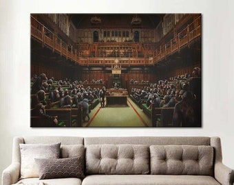 Banksy Devolved Parliament Canvas Print - Banksy Wall Art - Banksy's Monkeys Wall Decor - Parliament of Monkeys Canvas Art