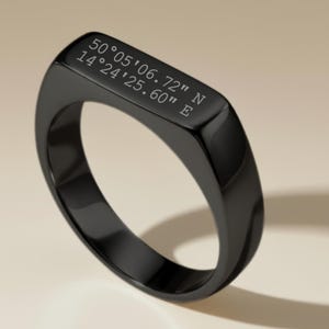 Personalised Signet Ring: Sleek Black Bar - Engraved Stainless Steel Minimal Jewellery For Him