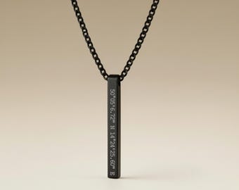 Black Bar Necklace, Laser Engraved Minimal Pendant | Matte Finish | Stainless Steel | Cuban Chain