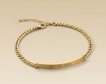 Gold Chain Bracelet | Engraved Bar | Adjustable Fit | Classic Link Design | Custom Name Keepsake