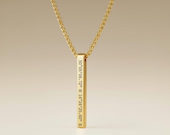 Gold Bar Necklace, Engraved Stainless Pendant | Flat Cuban Chain | Adjustable Unisex