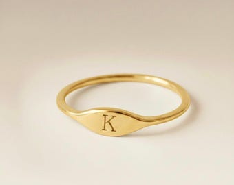Gold Initial Signet Ring • Engraved Letter Minimalist Stainless Steel Jewellery