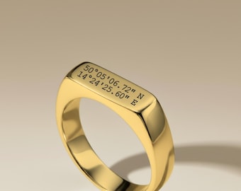 Custom Gold Signet Ring: Minimal Men's Bar Design (Personalised Engraving) Gift For Him