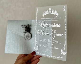 Quinceanera Invitation, Elegant Quinceañera Invite, Silver Gilded Invitation, Acrylic Quinceanera, Crown Pattern invitation, Gray Envelope