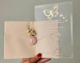 Personalized Sweet 16 Rose Gold Invitation, Mis Anos XV Invitation, Butterfly Desıgn