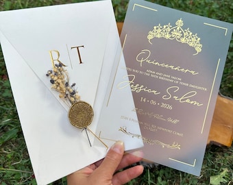 Quinceanera Invitation, Elegant Quinceañera Invite, Gold Gilded Invitation, Acrylic Quinceanera, Crown Pattern invitation, Cream Envolope