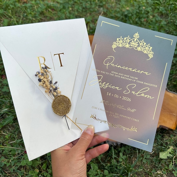 Quinceanera Invitation, Elegant Quinceañera Invite, Gold Gilded Invitation, Acrylic Quinceanera, Crown Pattern invitation, Cream Envolope