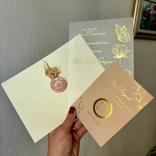 Quinceanera Invitation, Elegant Quinceañera Invite, RSVP card, Rose Gold Invitation , Flower pattern invitation, Butterfly invitation